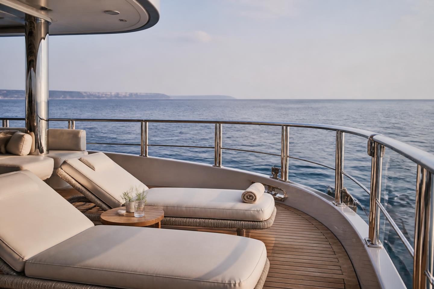 Sundeck of a luxury yacht with loungers facing the open sea